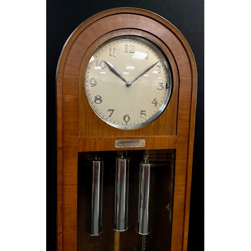 167 - An Enfield style Art Deco walnut longcase clock, circular silvered dial, with Arabic numerals, Westm... 