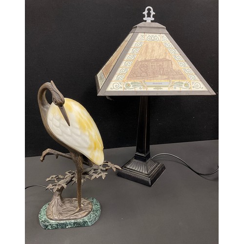 176 - Andrea Sadek Tin Chi Cast bronze heron lamp, 40cm high; art deco style lamp with shade depicting the... 