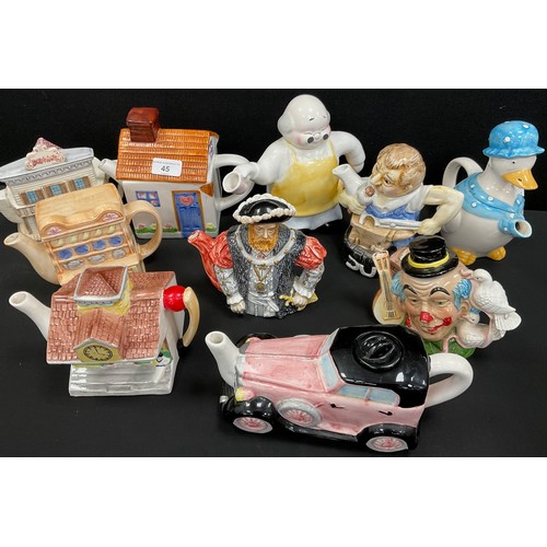 45 - Novelty tea pots including; Henry VIII, car, goose; etc