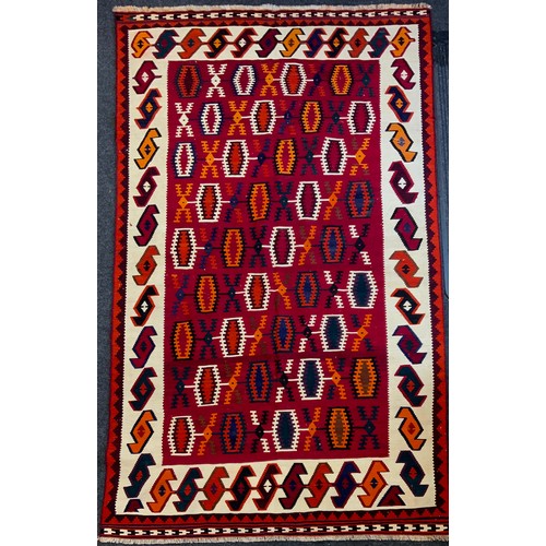 215 - South West Persian Qashgai Kilim, hand-knotted in vibrant colou4s, red, blue, orange, and white, (28... 