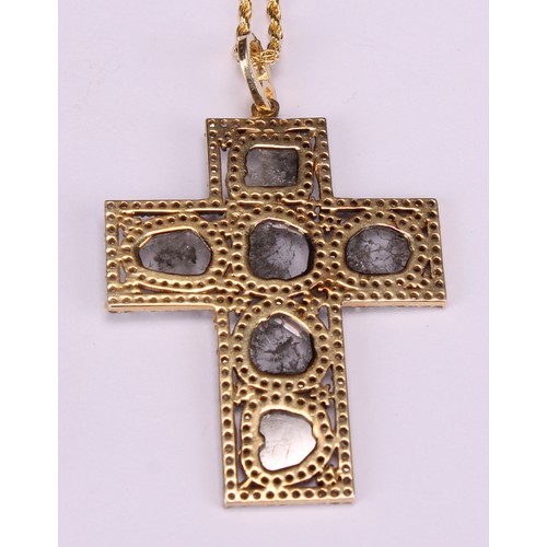 243 - A silver gilt diamond cross pendant, set with slice-cut and rose-cut diamonds, silver rope link chai... 