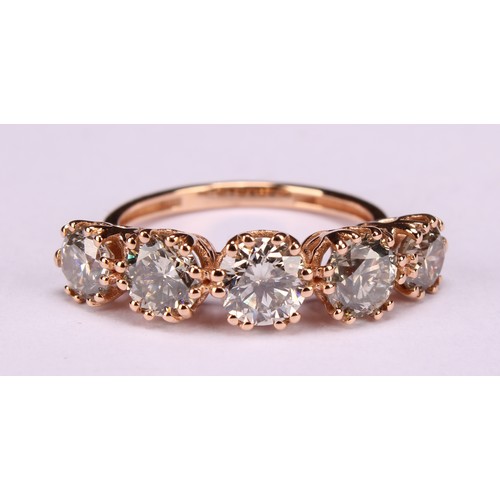 276 - An 18ct rose gold five stone diamond ring, graduated round brilliant cut diamonds 3.19ct, Cert no. W... 