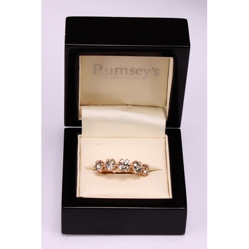 276 - An 18ct rose gold five stone diamond ring, graduated round brilliant cut diamonds 3.19ct, Cert no. W... 