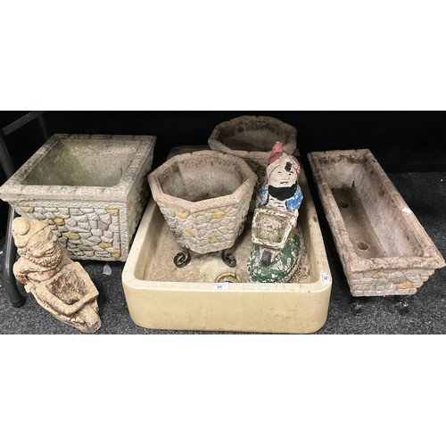 95 - Garden items - a shallow rectangular sink, 16cm x 76cm x 51cm;  pair of octagonal planters, others r... 