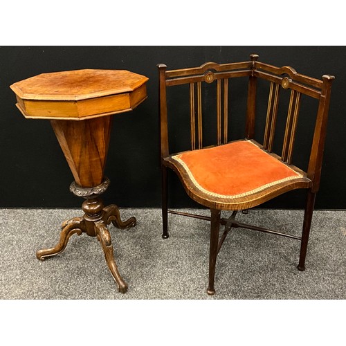 102A - A Victorian burr walnut trumpet shaped sewing table, carved pedestal and tripod feet, 77cm high x 44... 