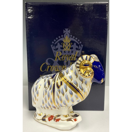 22 - A Royal Crown Derby paperweight, Ram, gold stopper, 14cm high, boxed