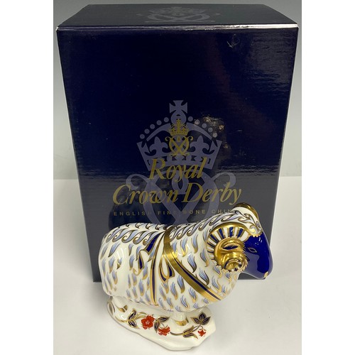 22 - A Royal Crown Derby paperweight, Ram, gold stopper, 14cm high, boxed