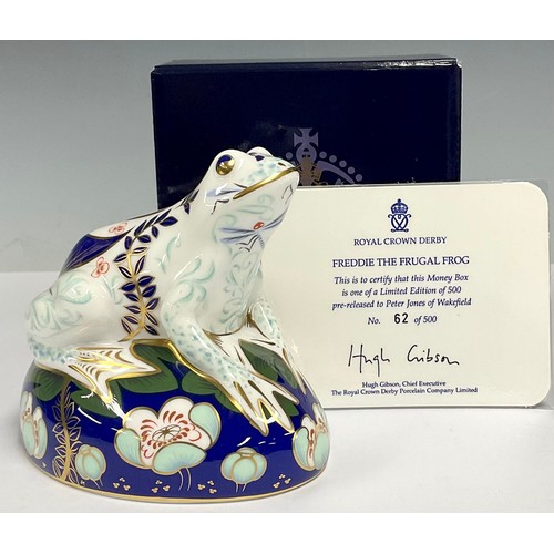 23 - A Royal Crown Derby money box, Freddie the Frugal Frog, pre-release for Peter Jones of Wakefield, li... 