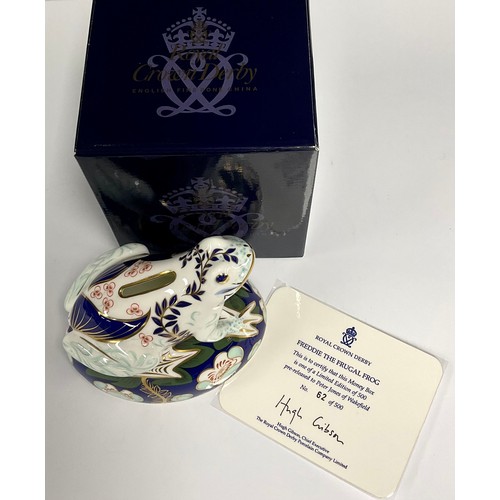 23 - A Royal Crown Derby money box, Freddie the Frugal Frog, pre-release for Peter Jones of Wakefield, li... 