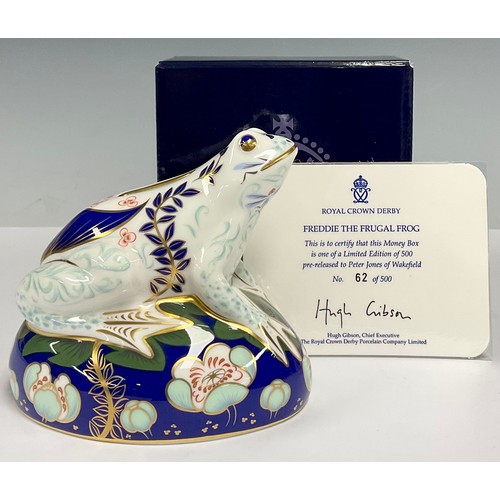 23 - A Royal Crown Derby money box, Freddie the Frugal Frog, pre-release for Peter Jones of Wakefield, li... 