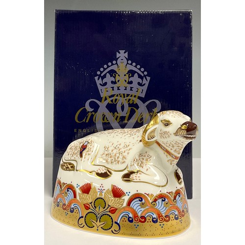 28 - A Royal Crown Derby paperweight, Water Buffalo, gold stopper, marks to base, 12cm high, boxed