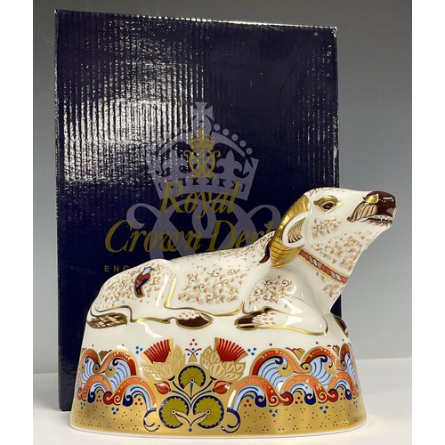 28 - A Royal Crown Derby paperweight, Water Buffalo, gold stopper, marks to base, 12cm high, boxed