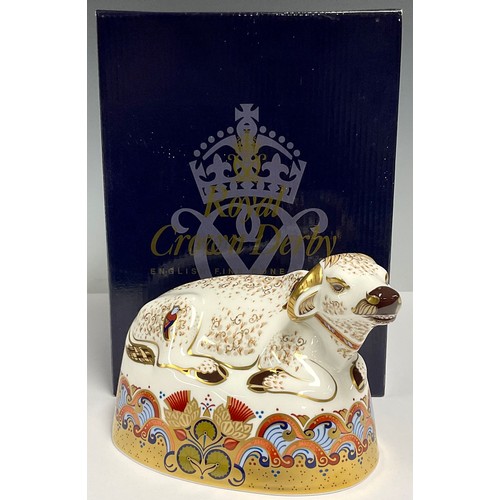 28 - A Royal Crown Derby paperweight, Water Buffalo, gold stopper, marks to base, 12cm high, boxed