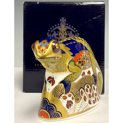 32 - A Royal Crown Derby paperweight, Chameleon, gold stopper, boxed