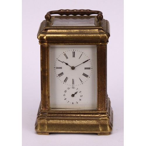 65 - An early 20th century French lacquered brass miniature carriage timepiece, 3.5cm enamel clock dial i... 