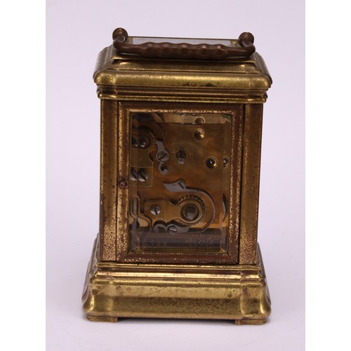 65 - An early 20th century French lacquered brass miniature carriage timepiece, 3.5cm enamel clock dial i... 