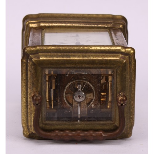 65 - An early 20th century French lacquered brass miniature carriage timepiece, 3.5cm enamel clock dial i... 