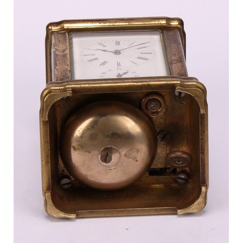 65 - An early 20th century French lacquered brass miniature carriage timepiece, 3.5cm enamel clock dial i... 