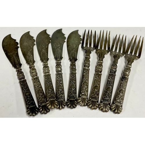 81 - An Edwardian part set of silver fish knives and forks, profusely decorated, Birmingham 1908, 269g gr... 