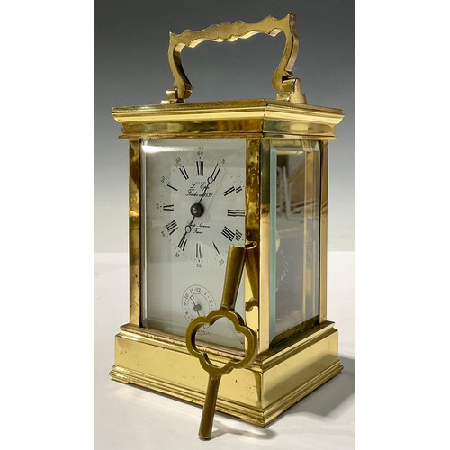 98 - A French L'Epee brass carriage clock, Roman and Arabic numerals on white dial, alarm setting chapter... 