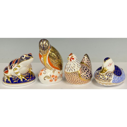 121 - A Royal Crown Derby paperweight, Kingfisher, silver stopper; others, Hen, silver stopper; Frog, silv... 