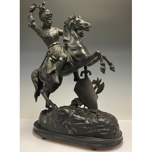 142 - A French spelter figure, knight on rearing horse, St George, oval wooden plinth base, 50cm, c.1900