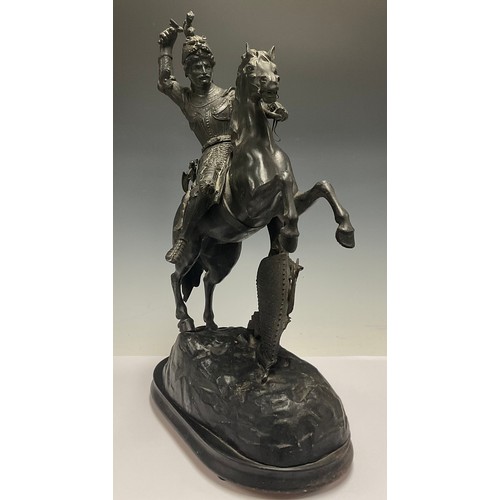 142 - A French spelter figure, knight on rearing horse, St George, oval wooden plinth base, 50cm, c.1900