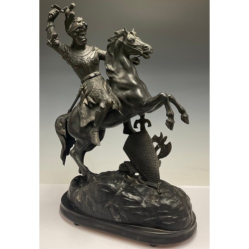 142 - A French spelter figure, knight on rearing horse, St George, oval wooden plinth base, 50cm, c.1900