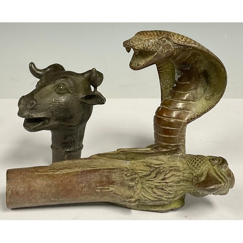 144 - A bronze walking cane handle, in the form of a Macaw; others similar, a striking cobra and a goat (3... 