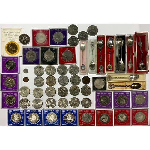 152 - Numismatics – A collection of base metal UK crown coins in a stout timber box decorated with a paint... 