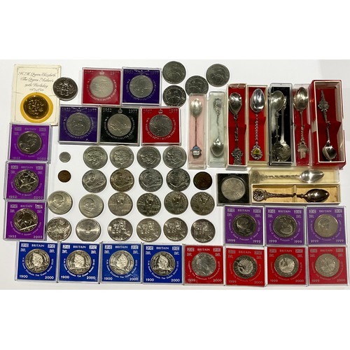 152 - Numismatics – A collection of base metal UK crown coins in a stout timber box decorated with a paint... 