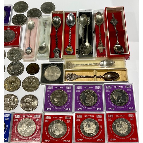 152 - Numismatics – A collection of base metal UK crown coins in a stout timber box decorated with a paint... 