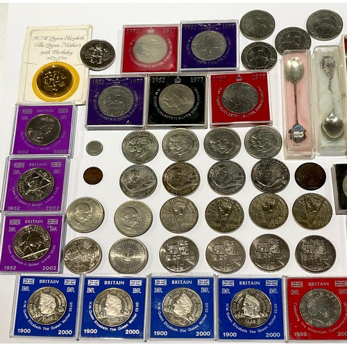 152 - Numismatics – A collection of base metal UK crown coins in a stout timber box decorated with a paint... 