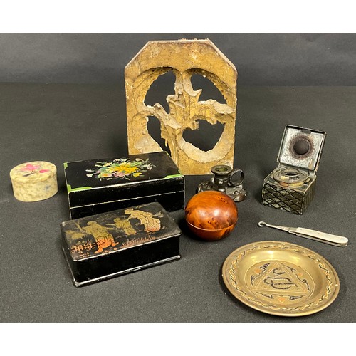 177 - Boxes and Objects - a Regency bronze miniature chamberstick; a 19th century travelling inkwell; a Ca... 