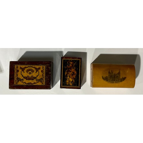 178 - A 19th century Tunbridge inlaid box, 8.5cm wide; another, 6.5cm wide; a Mauchline box, Peterborough ... 