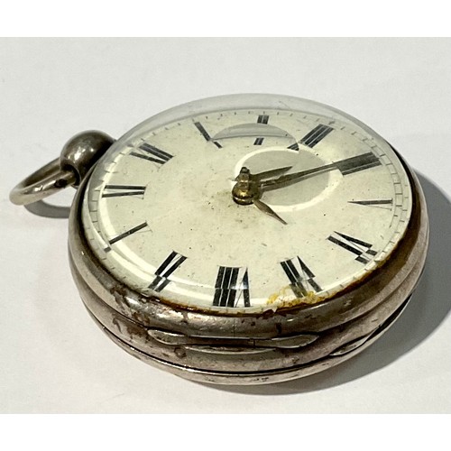 184 - A silver open face pocket watch, verge movement, Roman numerals on white dial, J. Cohen Hastings, 5.... 