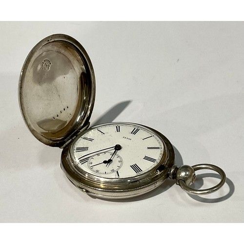 186 - A silver hunter pocket watch, Roman numerals on white dial, subsidiary seconds dial, the case marked... 