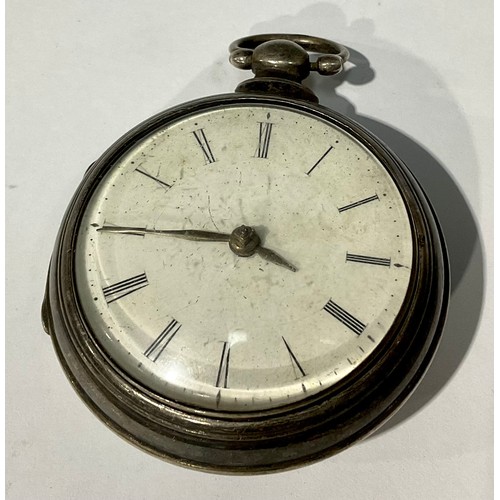 187 - A silver pair cased pocket watch, verge movement, Roman numerals on white dial, 5.5cm diameter over ... 