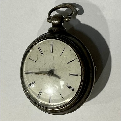 187 - A silver pair cased pocket watch, verge movement, Roman numerals on white dial, 5.5cm diameter over ... 