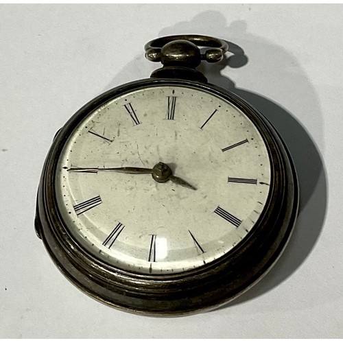 187 - A silver pair cased pocket watch, verge movement, Roman numerals on white dial, 5.5cm diameter over ... 