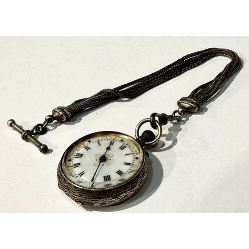 188 - A lady's silver fob watch, Roman numerals on white dial, on silver Albertina, 3.5cm diameter over ca... 