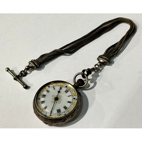 188 - A lady's silver fob watch, Roman numerals on white dial, on silver Albertina, 3.5cm diameter over ca... 