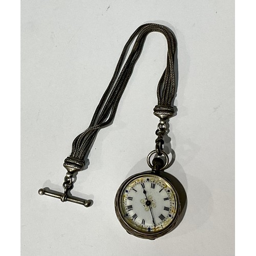 188 - A lady's silver fob watch, Roman numerals on white dial, on silver Albertina, 3.5cm diameter over ca... 