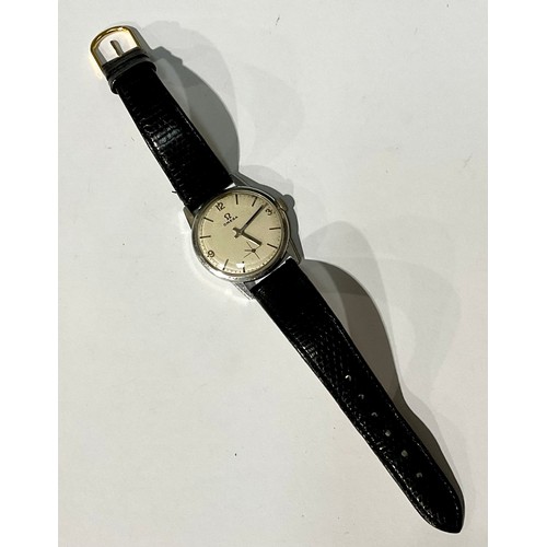 190 - A 1950's retro Omega wristwatch, raised quartered Arabic numerals and batons on white dial, subsidia... 