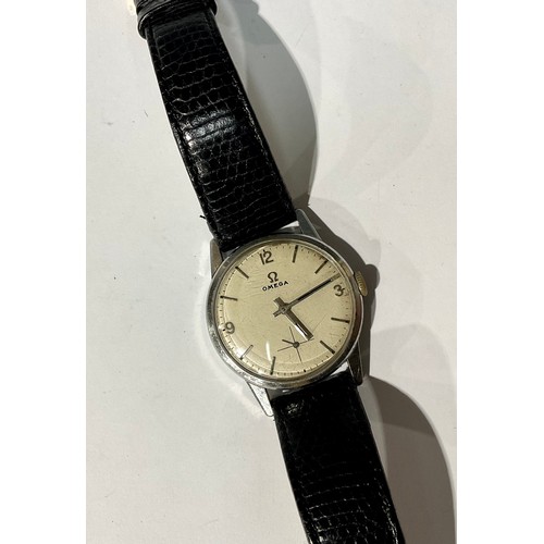 190 - A 1950's retro Omega wristwatch, raised quartered Arabic numerals and batons on white dial, subsidia... 