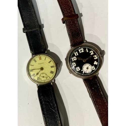 191 - A silver WWI trench/pilot's wristlet watch, white Arabic numerals on black dial, marked 925; a Medan... 