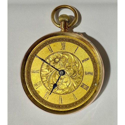 210 - A 19th century 9ct gold open face pocket watch, the gilt dial engraved with acanthus within engine t... 