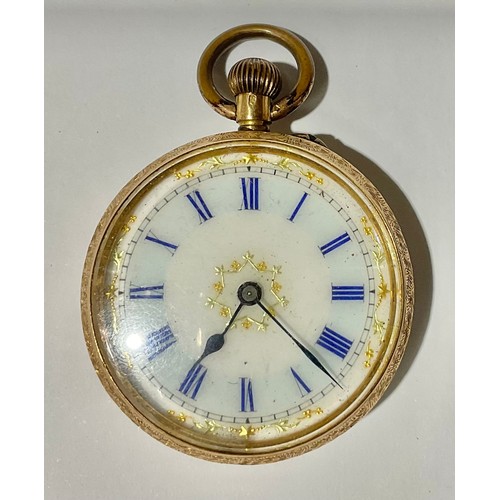 211 - A 19th century 14ct gold open face ladies' fob watch, the enamel dial decorated with star shaped gil... 