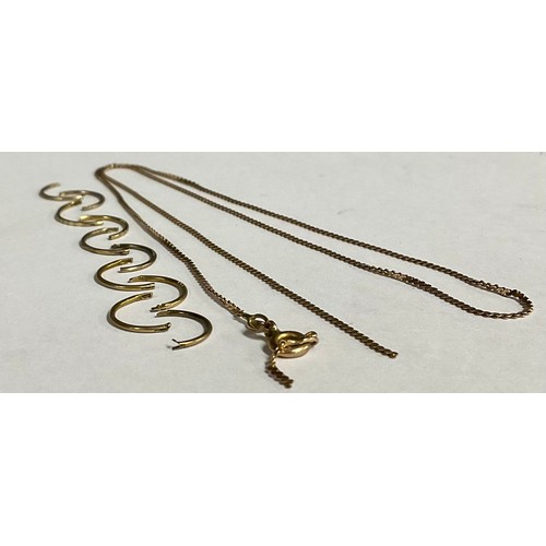 216 - A 9ct gold fancy link necklace, 9ct gold and yellow metal half hoop earrings, all broken 3.7g gross