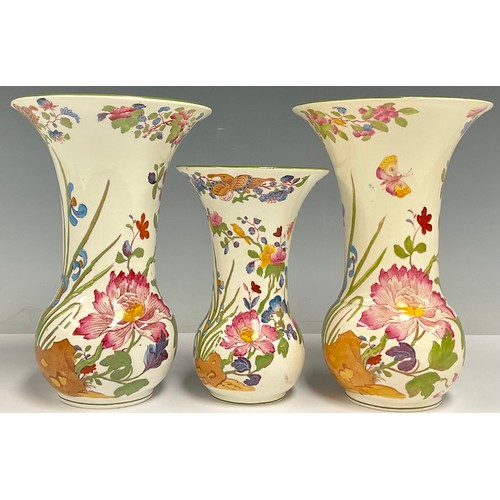 224 - Wedgwood - pair of 1920s Etruria Spring flowers and butterflies vases, another similar conforming sm... 